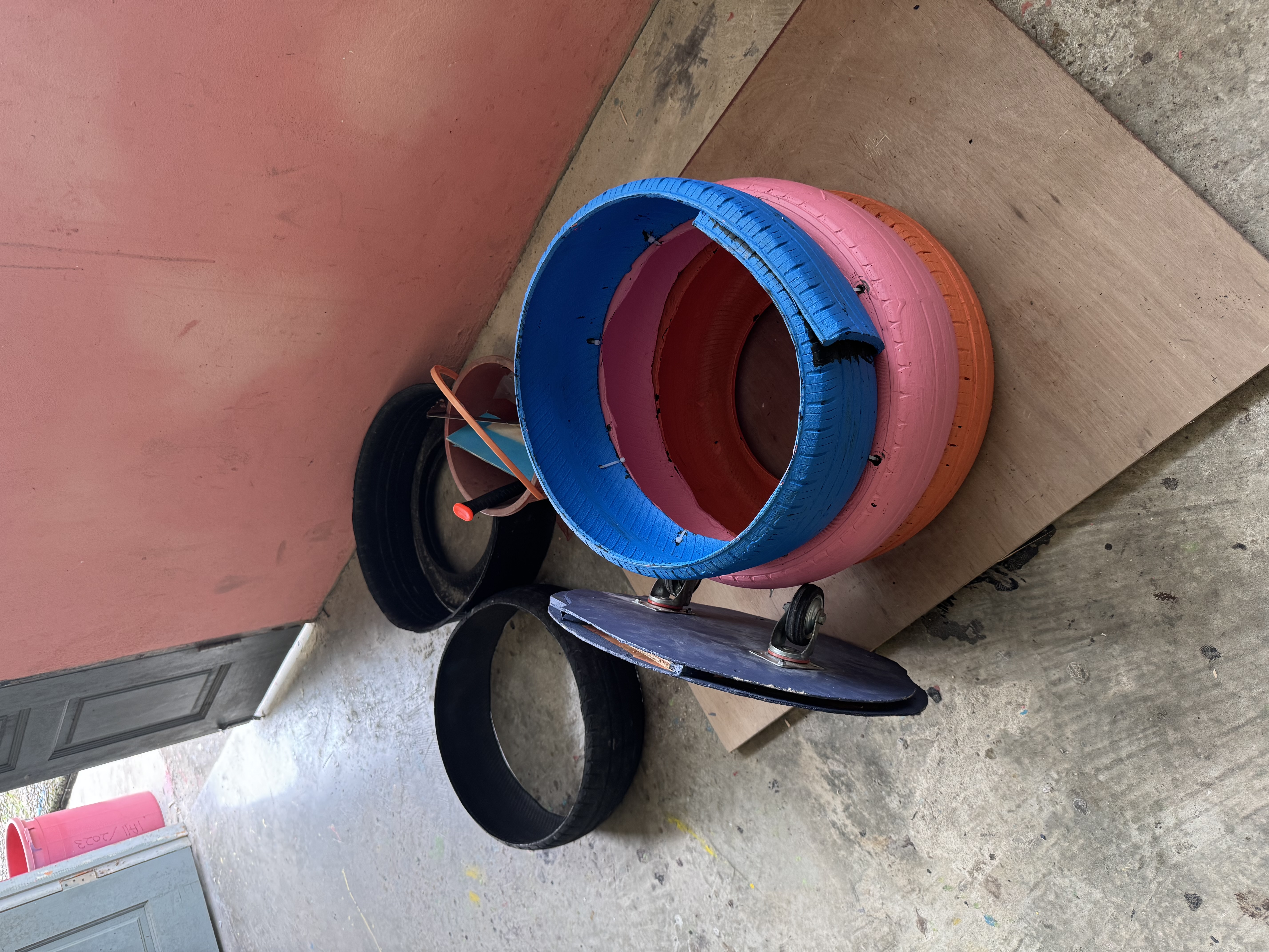 Stacked tires on the moveable base